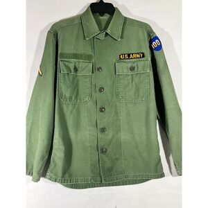 VTG US Army OG107 Sateen Utility Shirt 100th Infantry Division Patch Men M Green